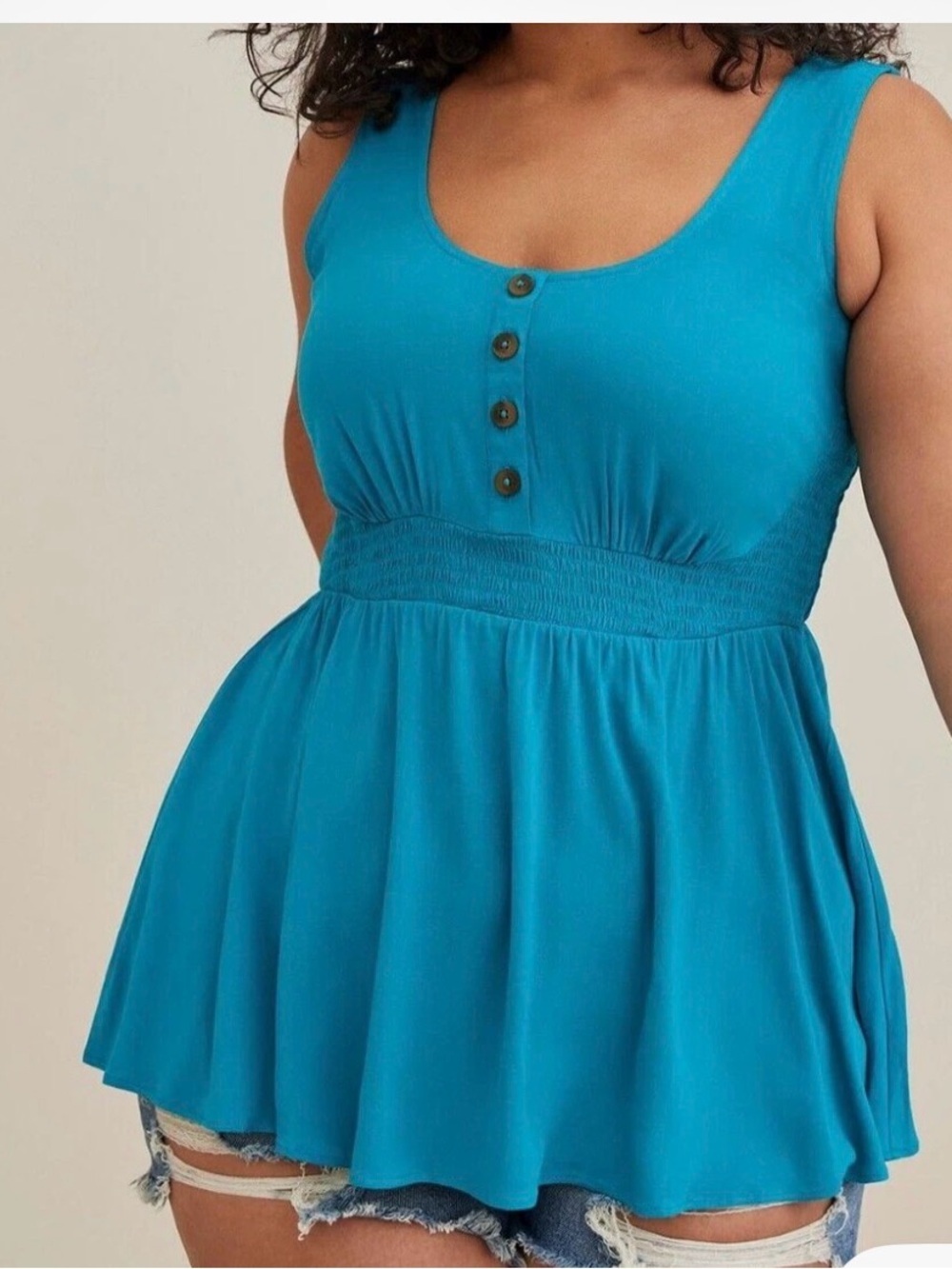 torrid Turquoise Scoop Neck Button Tank with Smocked Waist